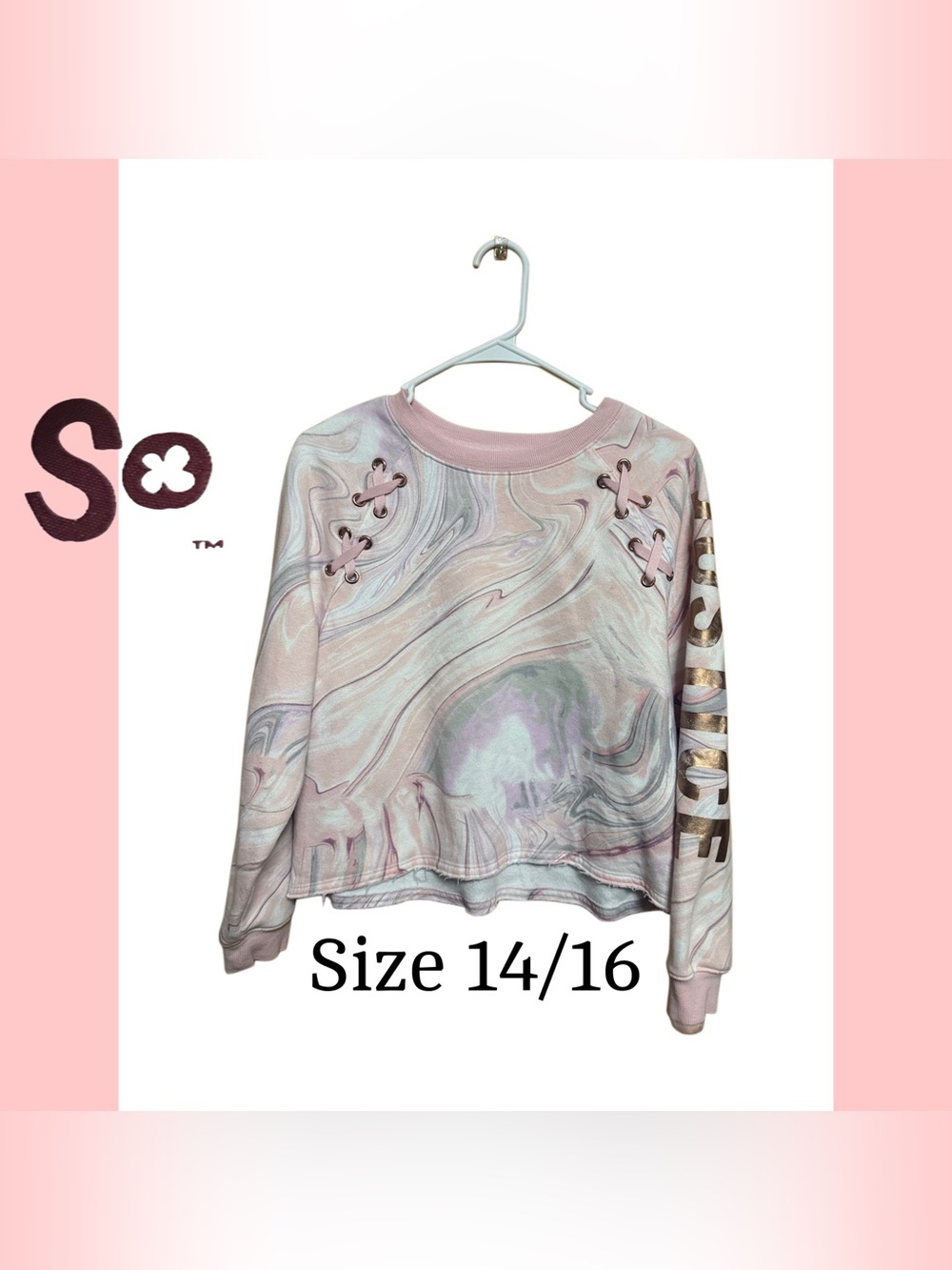 🌸 SO Pastel Marble Lace-Up Sweatshirt Girls 14/16 Pink Gray Rose Gold 🌸